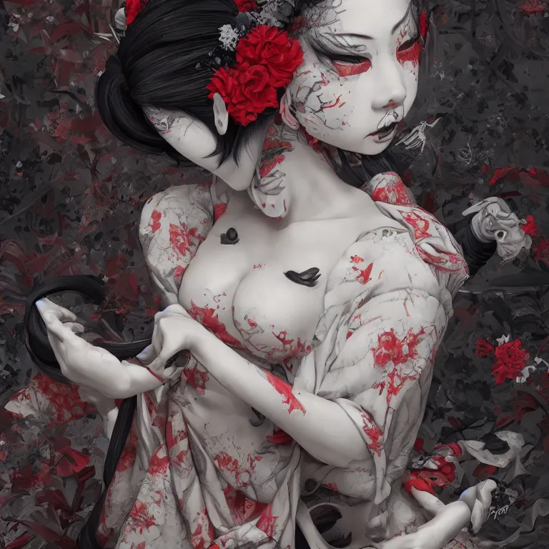 Prompt: disconfigured geisha, dark art by james jean, part by ross tran, part by ariduka 5 5, ultra realistic, high definition, 3 d render, masterpiece