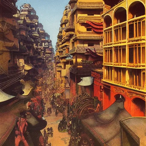 Image similar to art deco streets of the Undying Empire city of ya-Sattra during the Festival of Masks, award-winning realistic painting by Beksinski, Bruegel, Greg Rutkowski, Alphonse Mucha, and Yoshitaka Amano