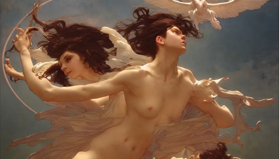 Image similar to goddess helios descending from olympus, artstation, concept art, smooth, sharp focus, illustration, art by artgerm and greg rutkowski and alphonse mucha and william adolphe bouguereau and john william waterhouse