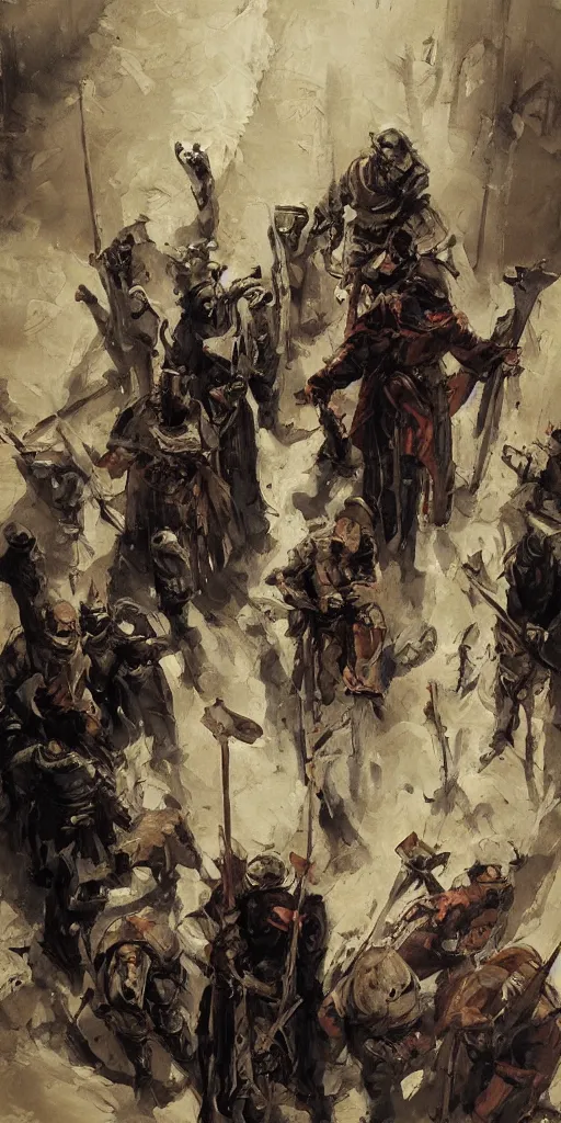 Image similar to oil painting scene from inquisition art by kim jung gi