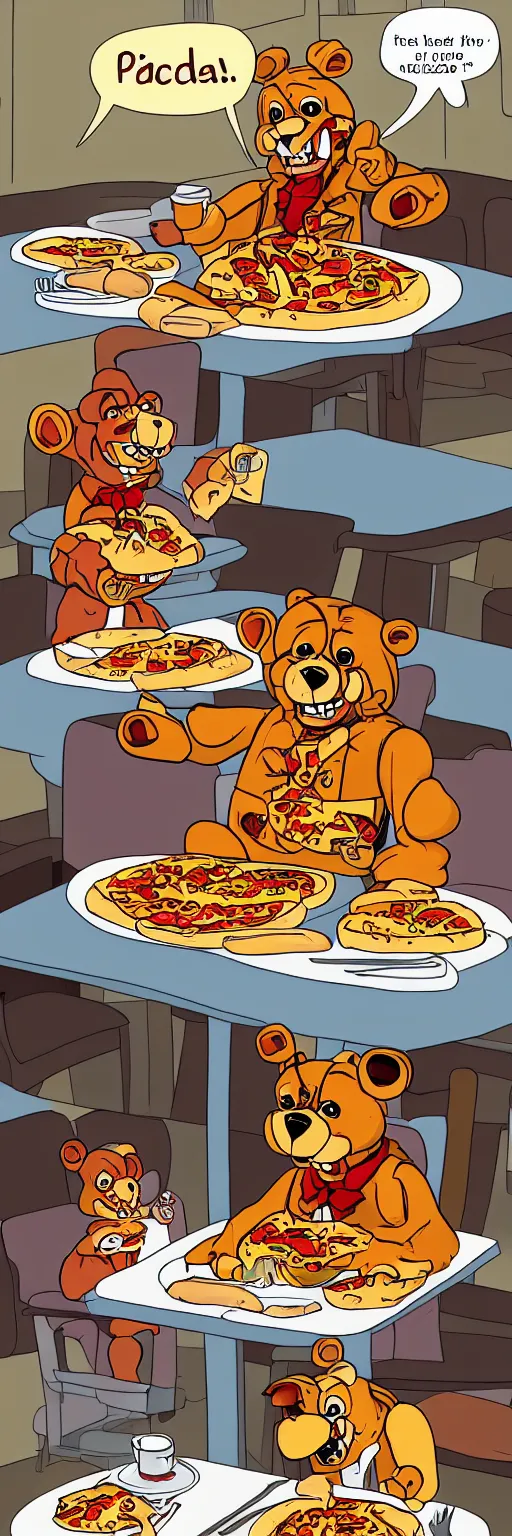 Prompt: freddy fazbear eats pizza at the same table with rock johnson, realistic photo