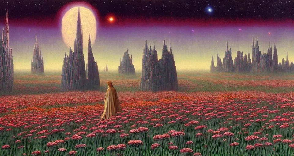 Image similar to a beautiful painting of a large walking castle in a field of flowers by moebius, underneath a star filled night sky, harold newton, zdzislaw beksinski, donato giancola, warm coloured, gigantic pillars and flowers, maschinen krieger, beeple, star trek, star wars, ilm, atmospheric perspective