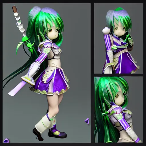 Image similar to cute fumo plush of a knight girl of a royal legion, anime girl with long hair, matcap green and purple metal reflectance, vray