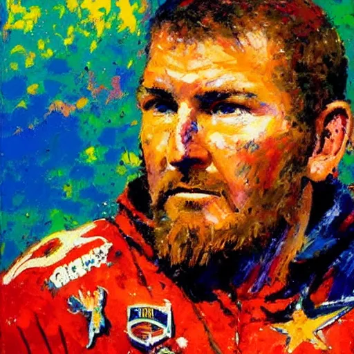 Image similar to chris kyle by leroy neiman, intricate, ultra detailed painting, atmospheric lighting, golden hour