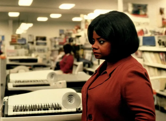 Image similar to cinematic shot of octavia spencer in an small used electronics store next to an old electronic keyboard, iconic scene from the paranoid thriller sci fi film directed by stanley kubrick, anamorphic cinematography, beautiful composition, color theory, leading lines, photorealistic, volumetric lighting