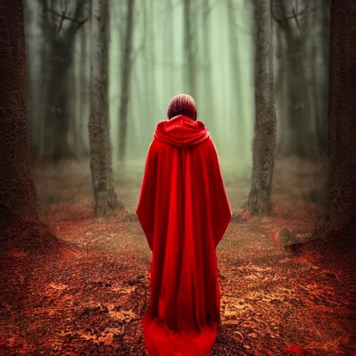 Image similar to a high detailed photo of a lady in a red cloak, seen from behind, ancient forest, mist, 35mm, photorealistic, realistic, deviantart, gloomy atmosphere, high definition