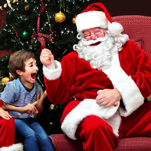 Image similar to santa screaming at a child biting his beard