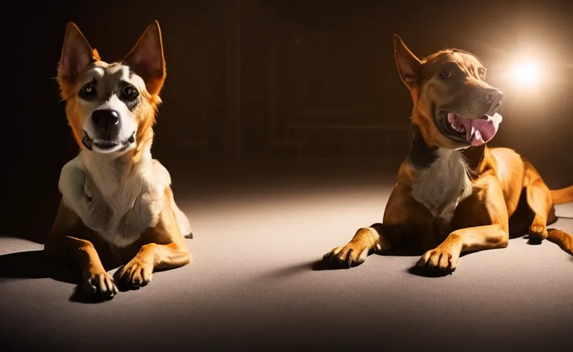 Image similar to studio photography portrait of a dog, movie still, beautiful lighting, 8 k