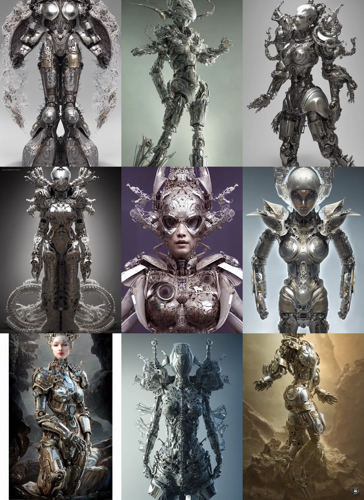 Prompt: futuristic porcelain and metallic armored cyborg queen, elegant intricate highly detailed mandelbrot fractal subsurface scattering, by arthem priakhin, zhao yun, giger, mucha