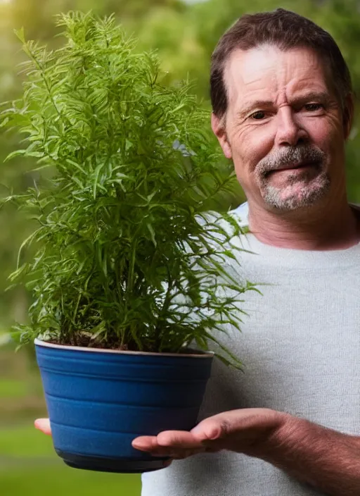 Prompt: portrait of a middle aged man holding a plant pot