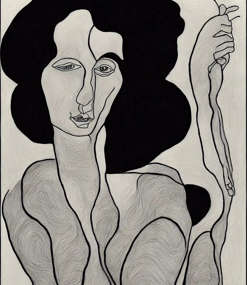 Image similar to detailed line art portrait of georgia o'keeffe, inspired by egon schiele. caricatural, minimalist, bold contour lines, musicality, soft twirls curls and curves, confident personality, raw emotion