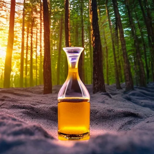 Prompt: a forest with a sunset in a bottle, on the sand, realistic photo, professional photo, lighting, well detailed, 8k n- 3