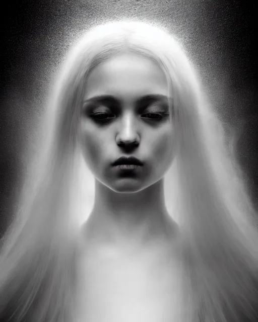 Image similar to monochrome, soft, dreamy, subsurface scattering, white, young beautiful goddess in cosmos with very long white hair floating in air, fluid smoke art, black and white, octane render, dino valls, mark ryden, joe fenton, michal karcz, highly detailed, rim light, art, cinematic lighting, very coherent, hyper realism, 8 k