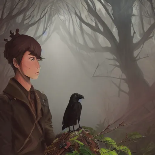 Image similar to concept art painting of a person with a head of a crow, with steampunk clothes, in the deep forest, realistic, detailed, cel shaded, in the style of makoto shinkai and greg rutkowski and james gurney