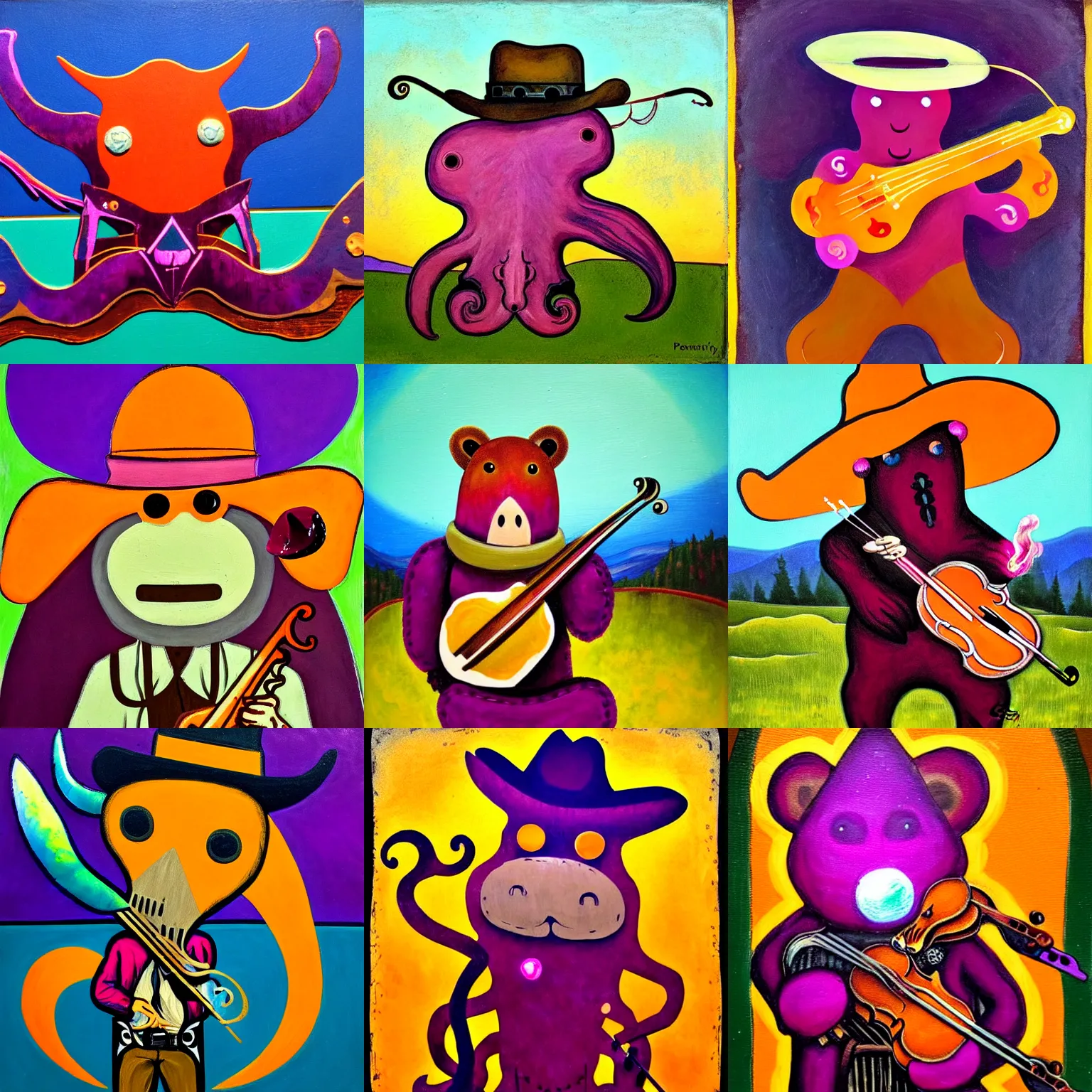 Prompt: cowboy - squid - bear!! creature playing fiddle, art nouveau, romanticist, luminist, bucolic, prosaic, atmospheric, palette knife, peronine orange and quinacridone magenta