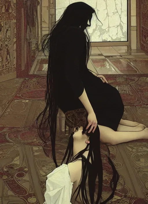 Image similar to a lonely young girl with straight long black hair wearing black dress that sitting on bathroom floor, art by artgem, greg rutkowski and alphonse mucha