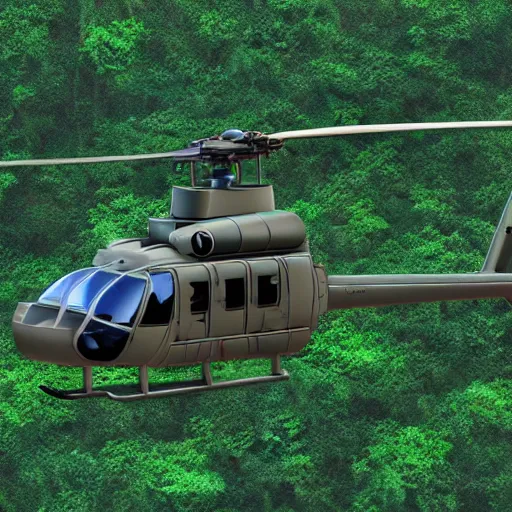 Image similar to UH-60 Helicopter flying over jungle at dawn high detail render