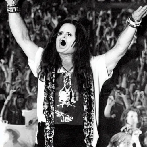 Prompt: ozzy osbourne on a stage with a huge crowd cheering for him