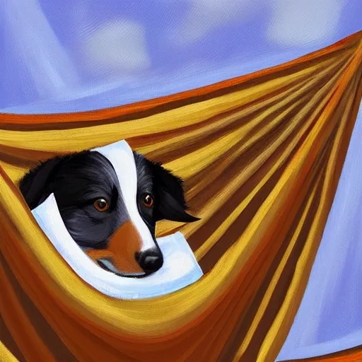 Image similar to brown border collie relaxing in a hammock drinking hot chocolate, digital painting