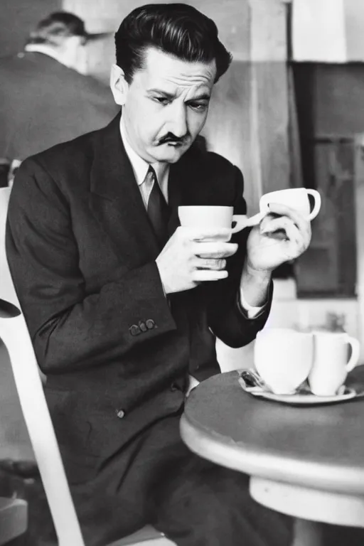 Prompt: a 5 0's detective having a cup of coffee