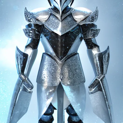Prompt: full shot of knight wearing ice Armor, inspired by Saint Seiya , frozen background, high détails, octane render, volumetric lighting
