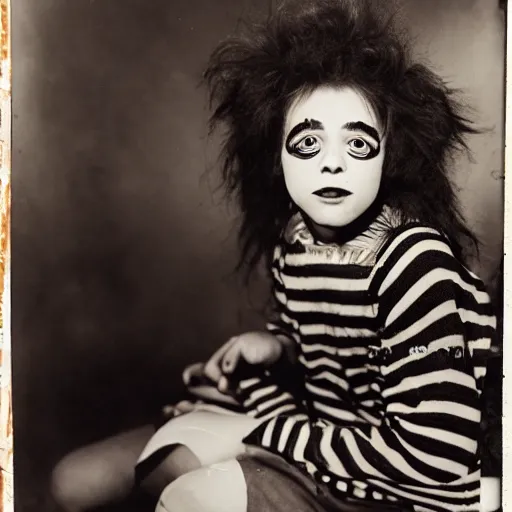 Image similar to a black and white wetplate photograph yearbook portrait of beetlejuice as a teenager