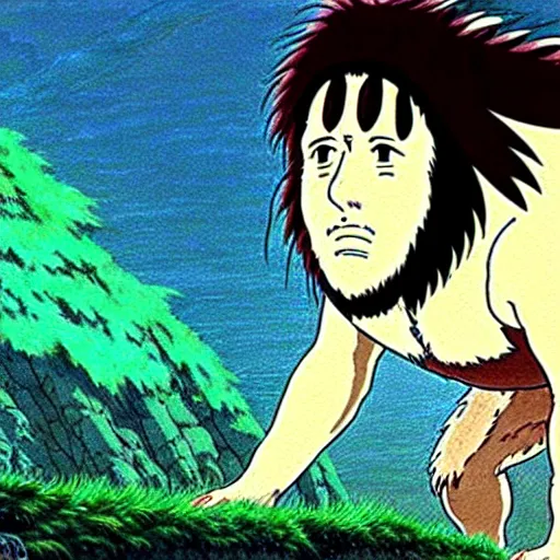 Image similar to a realistic cell - shaded studio ghibli concept art from princess mononoke ( 1 9 9 7 ) of a giant caveman. very dull colors, wide shot, hd, 4 k, hq