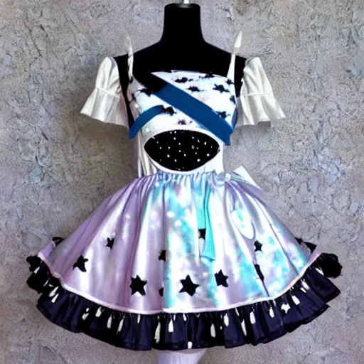 Image similar to A space-themed lolita outfit ; the fabric has pictures of galaxies moons and stars on it. A beautiful lolita dress, Angelic Pretty