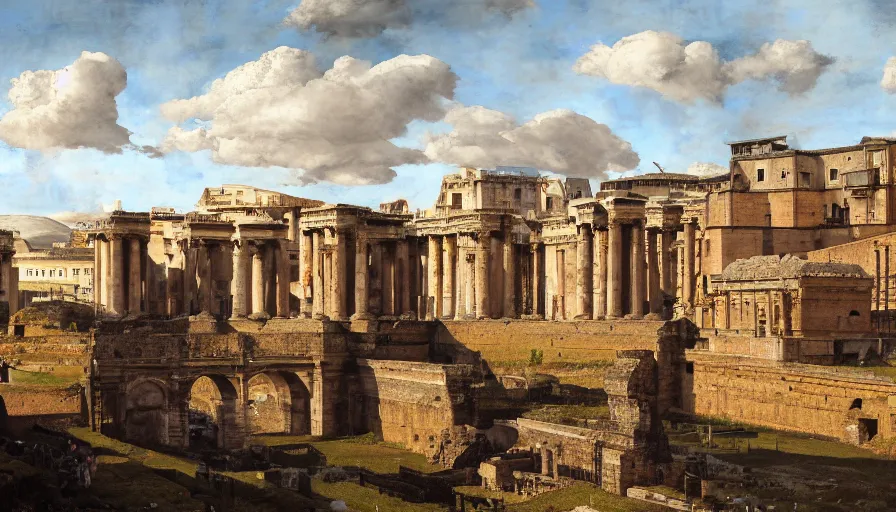 Image similar to ancient rome, aqueduct and roman baths in the background, cupresses, intricate, paint texture, old masters, caravaggio, repin, solid anatomy, elegant, volumetric lighting, digital painting, highly detailed, artstation, sharp focus, illustration, concept art, ruan jia, steve mccurry, charlie bowater, norman rockwell, masterpiece, 8 k