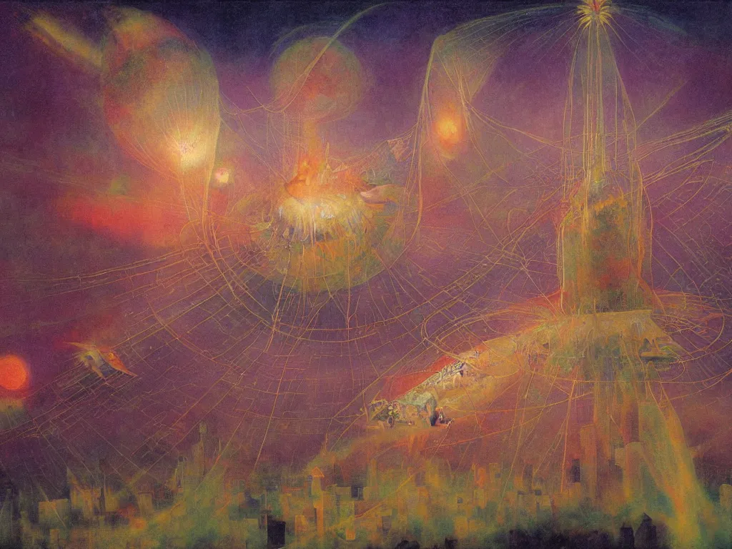 Image similar to study of the psychedelics dream mothership throwing a firefly net over the metropolis of slumber. painting by mikalojus konstantinas ciurlionis, bosch, wayne barlowe, agnes pelton, rene magritte