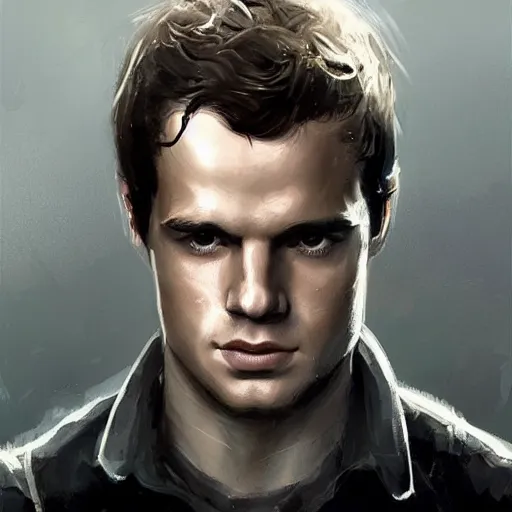 Image similar to “Portrait of Henry William Dalgliesh Cavill by Greg Rutkowski, he is about 20 years old, norwegian, short blond hair, young, manly, attractive, strong, older brother vibes, he is wearing futuristic military fatigues, highly detailed portrait, scifi, digital painting, artstation, concept art, smooth, sharp foccus ilustration, Artstation HQ”
