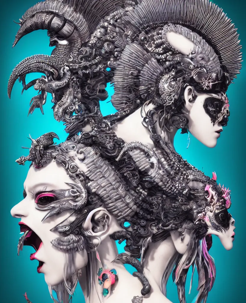 Image similar to 3 d goddess close - up profile portrait punk with mohawk with ram skull. beautiful intricately detailed japanese crow kitsune mask and clasical japanese kimono. betta fish, jellyfish phoenix, bio luminescent, plasma, ice, water, wind, creature, artwork by tooth wu and wlop and beeple and greg rutkowski