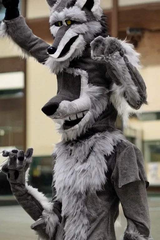 Image similar to an anthropomorphic wolf, fursuit!!!!, cosplay