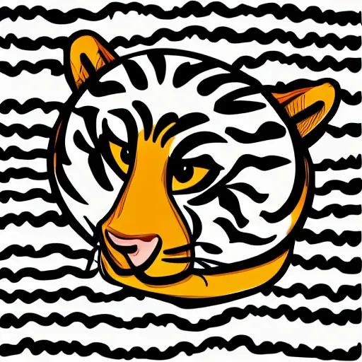 Image similar to “cute tiger animal character, cartoon color ink drawing vector illustration, 2d photorealistic flat pixar style, wide angle view, isolated on white background”