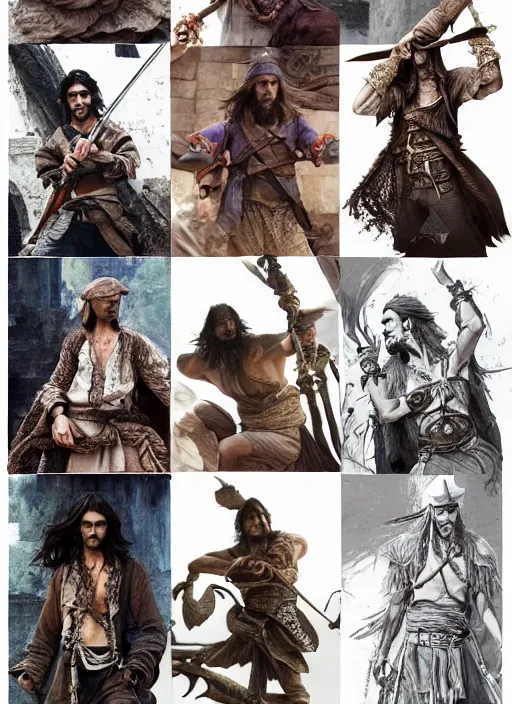 Image similar to detailed pencil spot illustrations of various character concepts from the prince of persia and game of pirates of the caribbean movie, various poses, by burne hogarth, by bridgeman, by anthony ryder, by yoshitaka amano, by ruan jia, by conrad roset, by mucha, cgsociety, artstation.