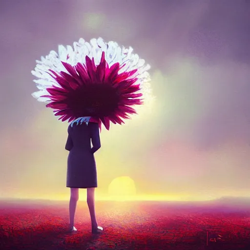 Image similar to giant daisy flower over head, frontal, girl in a suit, surreal photography, sunrise, dramatic light, impressionist painting, digital painting, artstation, simon stalenhag