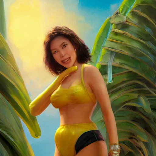 Prompt: portrait of a banana woman ( 3 5 ) from banana palm in 2 0 2 1, an oil painting by ross tran and thomas kincade