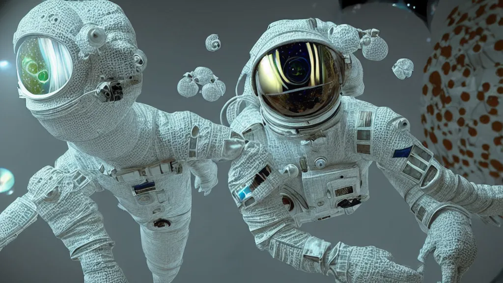 Image similar to a single astronaut eva suit made of diamond 3d fractal lace iridescent bubble 3d skin and covered with insectoid compound eye camera lenses floats through the living room, film still from the movie directed by Denis Villeneuve with art direction by Salvador Dalí, wide lens,