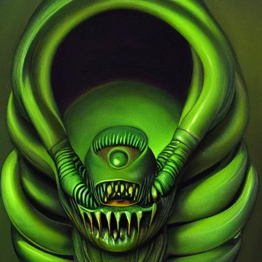 Prompt: a painting of a alien creature with a green background, an ultrafine detailed painting by h. r. giger, artstation, space art, reimagined by industrial light and magic, # vfxfriday, cosmic horror