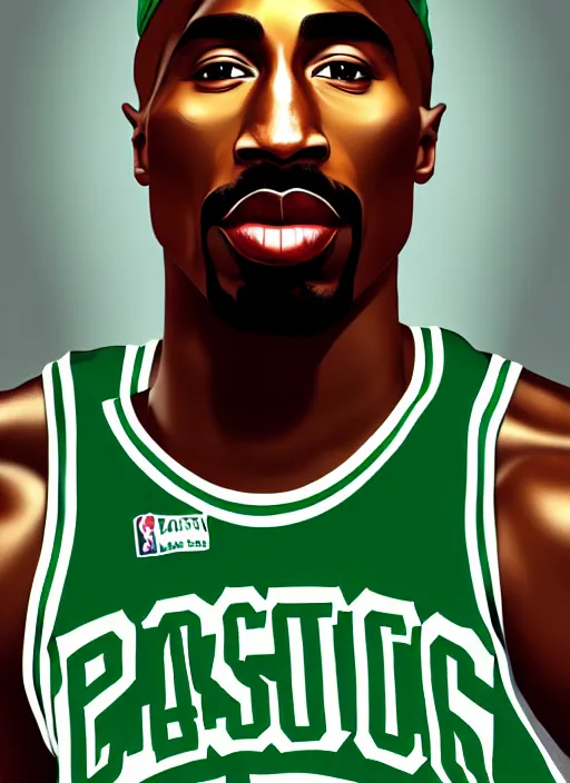 Image similar to portrait of tupac shakur, boston celtics jersey number 3 4, green, white, cartoon digital art, oil on canvas, trending on artstation, octane render