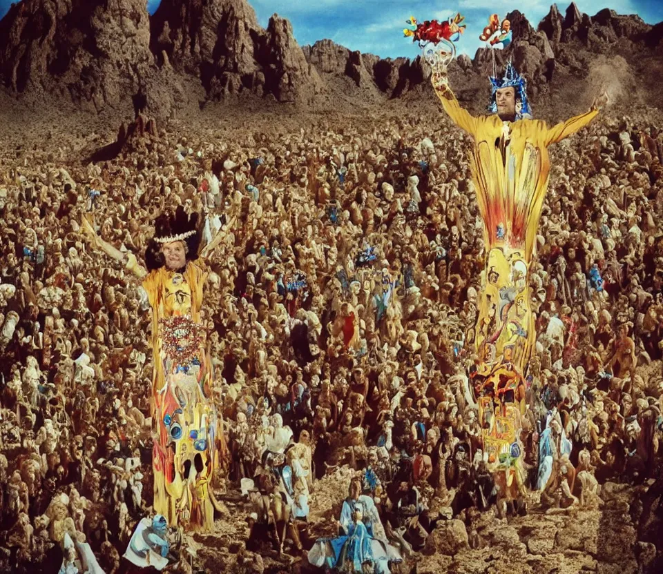 Image similar to salvador dali wearing a crown and costume with jewels in front of a huge crowd in a dry rocky desert landscape, from the movie by alejandro jodorowsky with cinematogrophy of christopher doyle and art direction by hans giger, anamorphic lens, kodakchrome, very detailed photo, 8 k