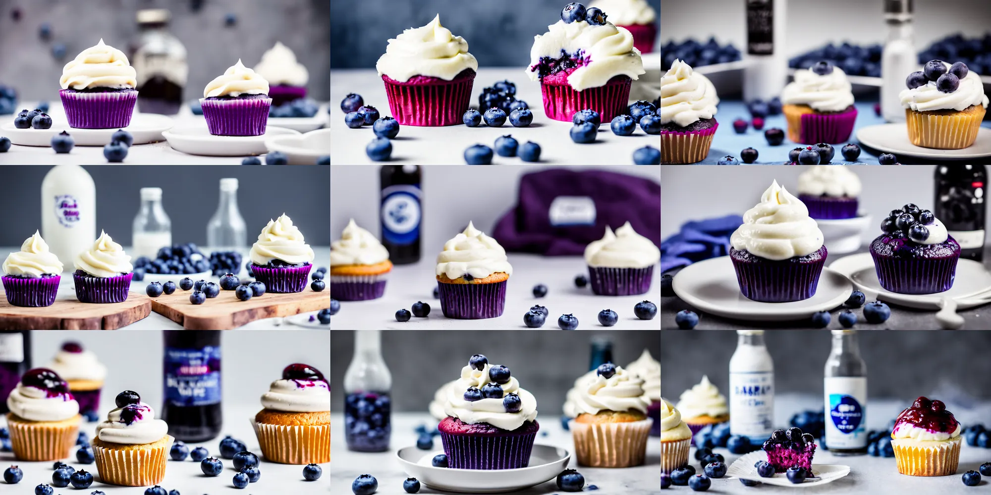 Image similar to dslr food photograp of a blueberry cupcake white creme topping and a bottle of blueberry sauce on the side, narrow shot, 8 5 mm f 1. 8