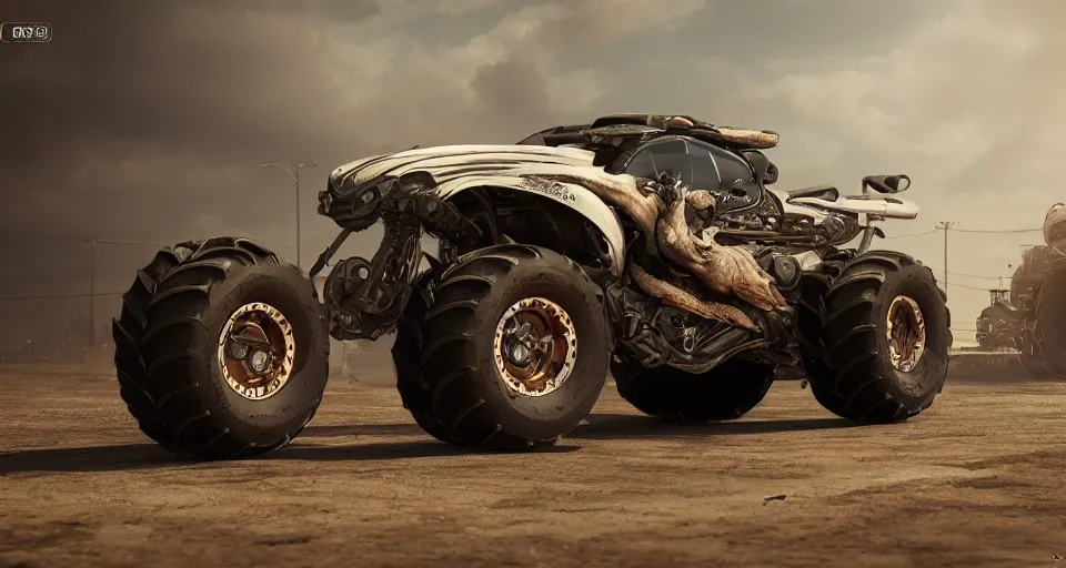 Prompt: motorcycle with monster truck wheels, stunning photo, cinematic lighting, perfect composition, 8K, ultra-detailed , Trending on artstation, Octane render, Unreal Engine, highly detailed,