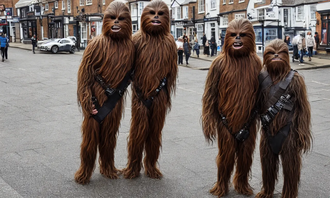 Prompt: photo of chewbacca and krrsantan standing on the streets of rochester, england