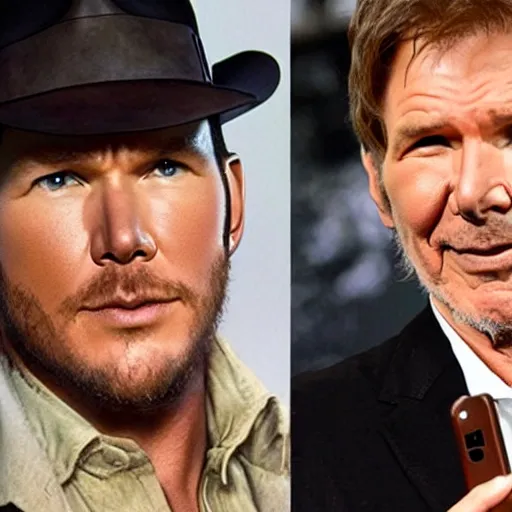 Image similar to chris pratt as indiana jones 5, epic pose, selfie with harrison ford