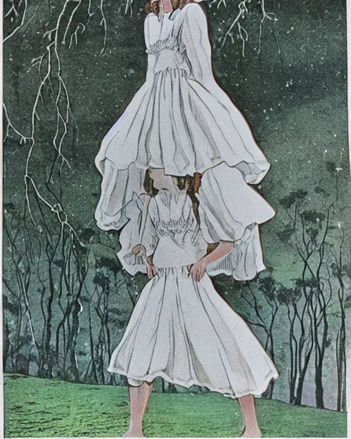 Image similar to “a beautiful and eerie science textbook illustration from the 1970s depicting the girls in white dresses just before they disappeared from hanging rock”