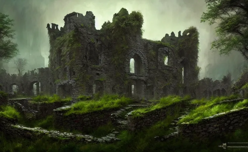Prompt: ruins of an old castle covered by plant and moss with moody and cinematic lighting by greg ruthkowski and craig mullins and caspar david friedrich, concept art, artstation, trending on artstation