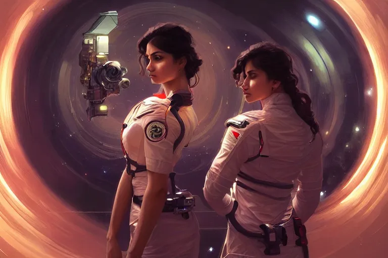 Image similar to Sensual beautiful female pale young Indian doctors wearing Deus Ex Human Revolution clothing in a space station above Earth, portrait, elegant, intricate, digital painting, artstation, concept art, smooth, sharp focus, illustration, art by artgerm and greg rutkowski and alphonse mucha