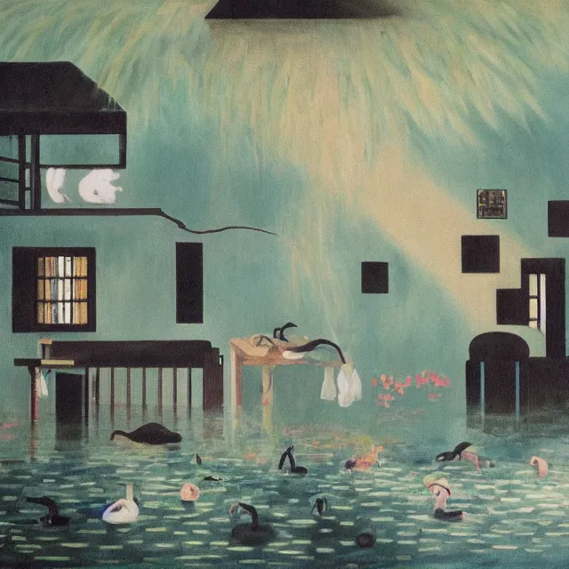 Image similar to painting of flood waters inside an apartment, emo catgirl art student, a river flooding inside, taps with running water, tangelos, zen, pigs, ikebana, water, river, rapids, waterfall, black swans, canoe, pomegranate, berries dripping, acrylic on canvas, surrealist, by magritte and monet