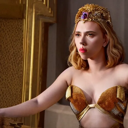 Image similar to scarlett johansson dressed as a greek goddess in front of a ring of sapphire rose ring, ornate gold border, vignette, warm tri - color, subtle chromatic aberration, painted by francis goya